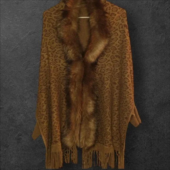 Faux Leopard Print Shawl with Faux Fur Trim & Fringe - Picture 3 of 3